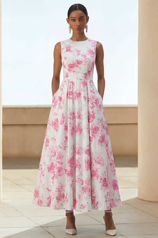 White Fuchsia Flower A Line Round Neck Maxi Wedding Guest Dress with Pockets