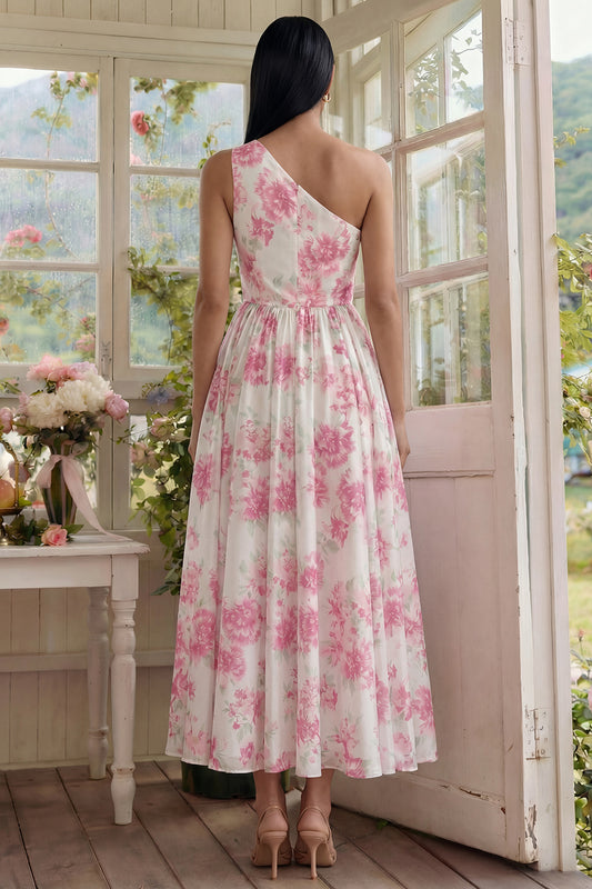 White Fuchsia Flower One Shoulder Long A Line Wedding Guest Dress