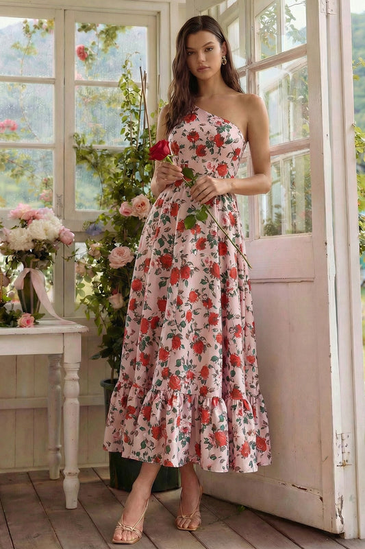 Pink Red Flower One Shoulder Long A Line Wedding Guest Dress