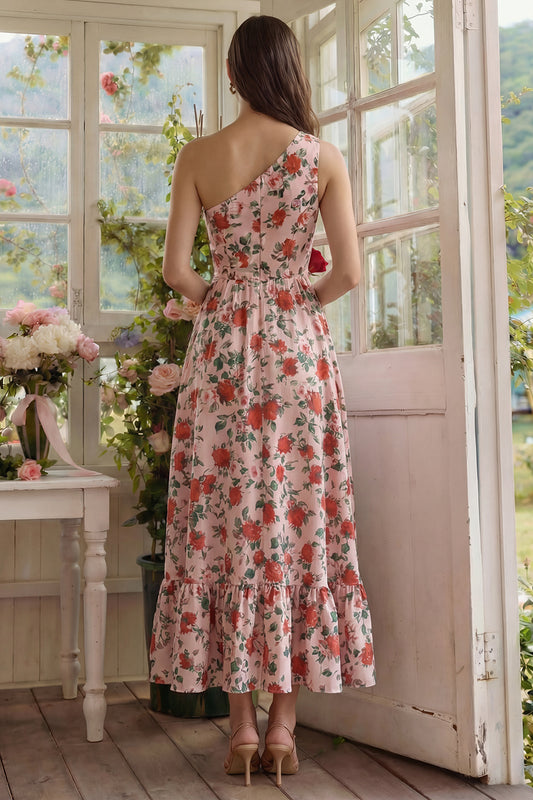 Pink Red Flower One Shoulder Long A Line Wedding Guest Dress