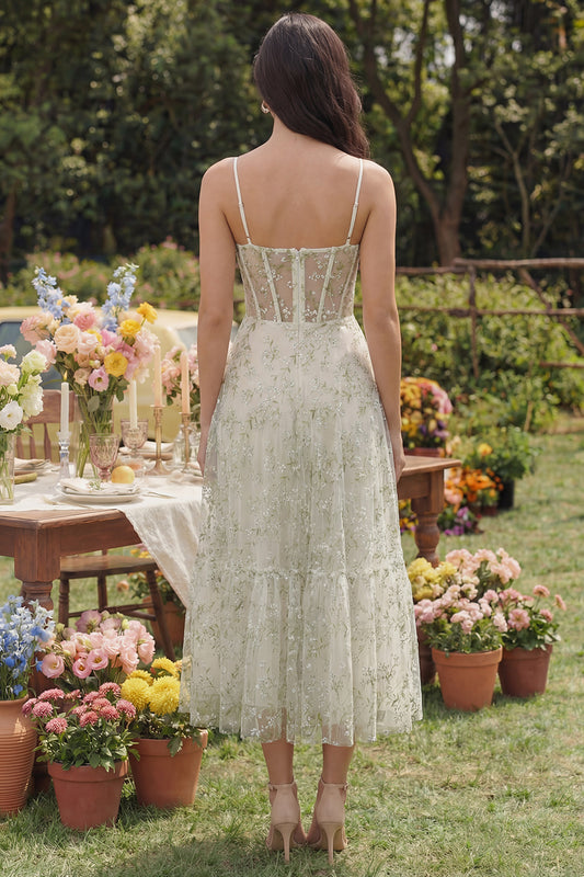 Light Green Corset Floral Spaghetti Straps A Line Maxi Wedding Guest Dress