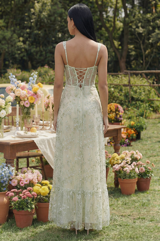 Light Green Corset Long Floral A Line Wedding Guest Dress with Slit