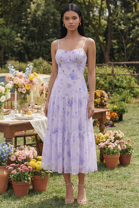 Lilac Floral A Line Spaghetti Straps Maxi Wedding Guest Dress