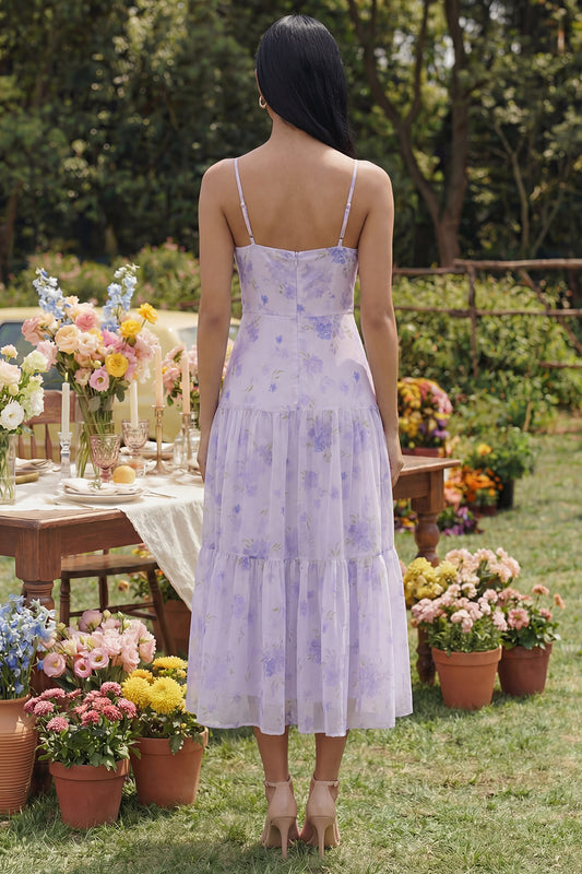 Lilac Floral A Line Spaghetti Straps Maxi Wedding Guest Dress