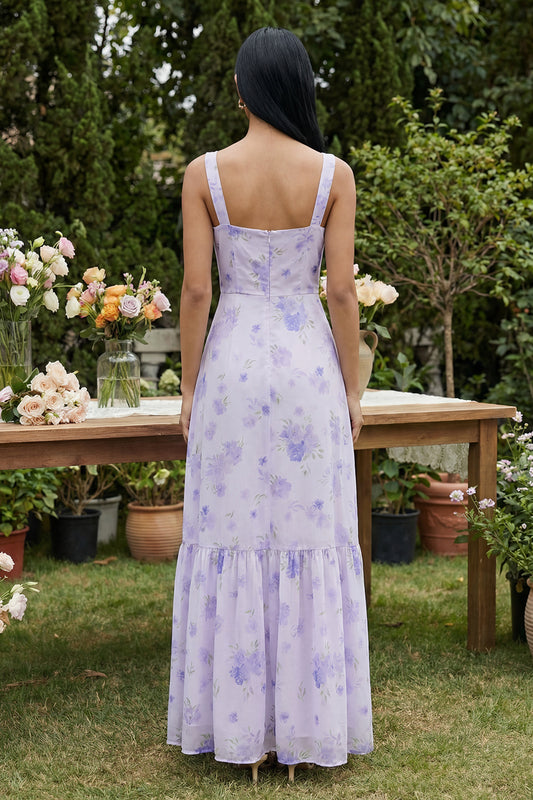 Floral Lilac Long Square Neck A Line Wedding Guest Dress with Slit