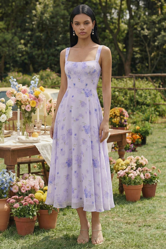 Lilac Floral Square Neck A Line Maxi Wedding Guest Dress