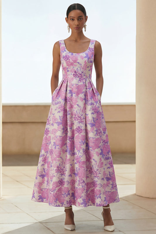 Lilac Flower Scoop Neck A Line Maxi Wedding Guest Dress with Pockets