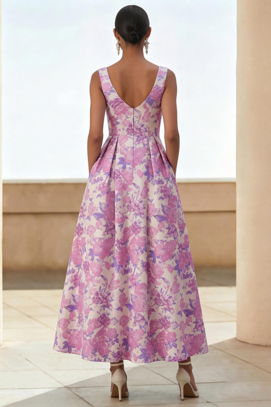 Lilac Flower Scoop Neck A Line Maxi Wedding Guest Dress with Pockets