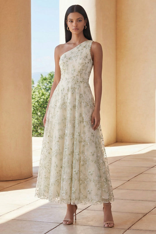 One Shoulder A Line Light Green Floral Maxi Wedding Guest Dress