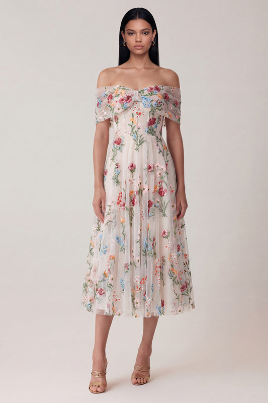 Flower Embroideried Corset Off The Shoulder A Line Maxi Wedding Guest Dress