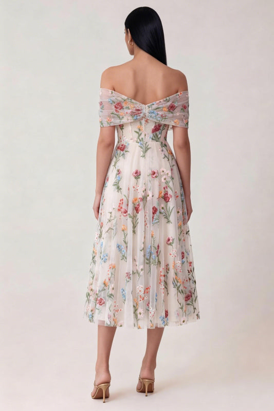 Flower Embroideried Corset Off The Shoulder A Line Maxi Wedding Guest Dress