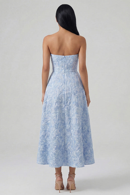 Strapless A Line Blue Floral Maxi Wedding Guest Dress with Slit