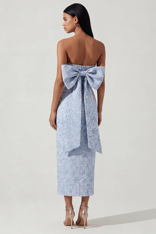 Strapless Sheath Blue Floral Maxi Wedding Guest Dress with Bow