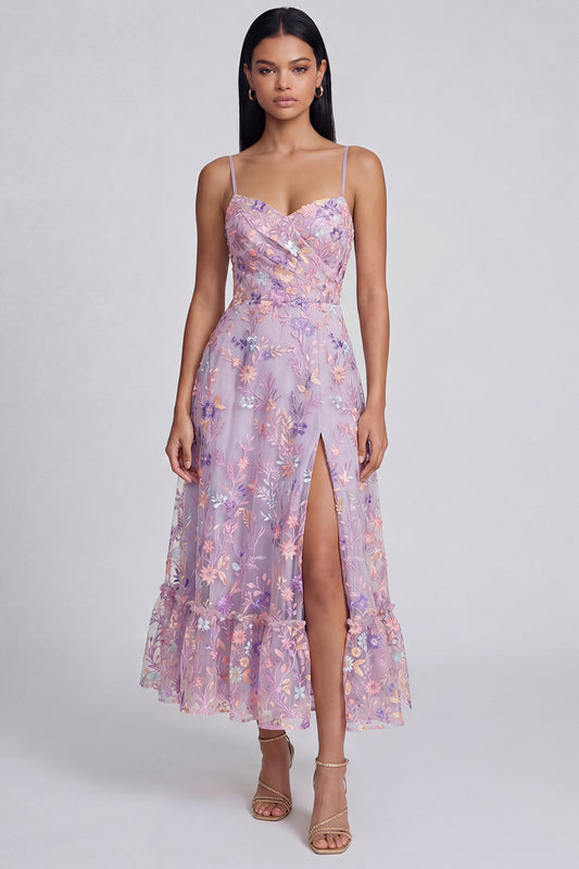 Lilac Floral Spaghetti Straps A Line Maxi Wedding Guest Dress with Slit