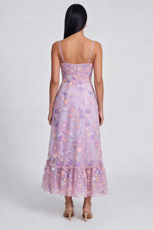 Lilac Floral Spaghetti Straps A Line Maxi Wedding Guest Dress with Slit