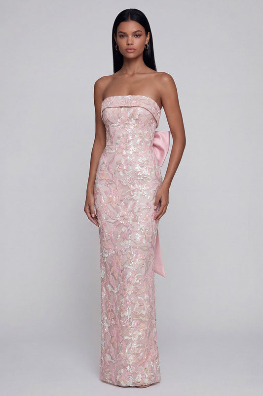 Sparkly Pink Floral Strapless Mermaid Maxi Wedding Guest Dress with Bow