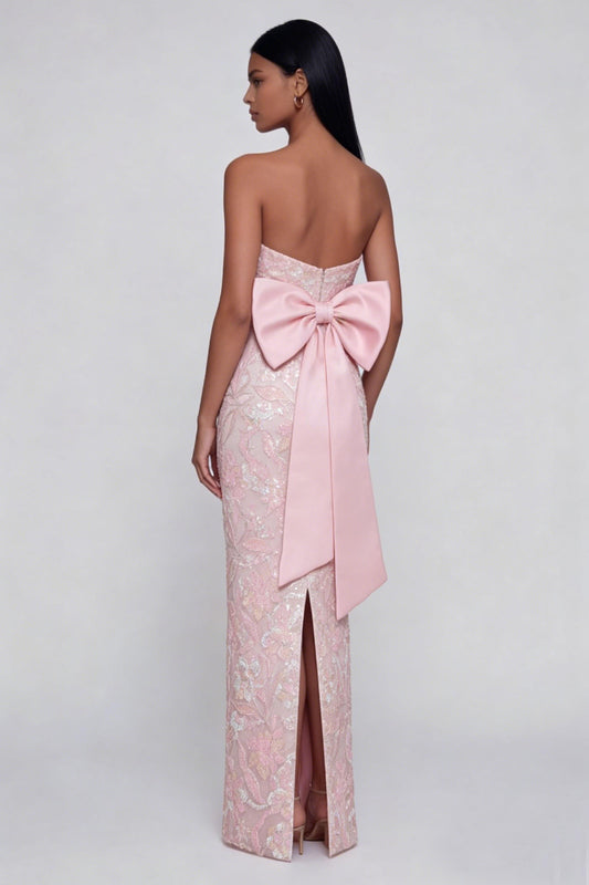 Sparkly Pink Floral Strapless Mermaid Maxi Wedding Guest Dress with Bow