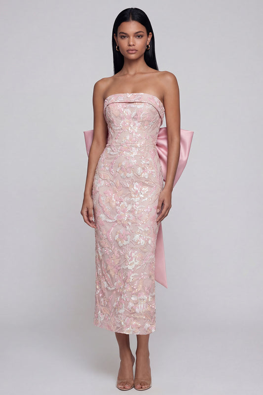 Sparkly Pink Floral Strapless Lace Maxi Wedding Guest Dress with Bow