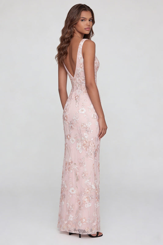 Pink Floral V-Neck Mermaid Long Wedding Guest Dress with Slit