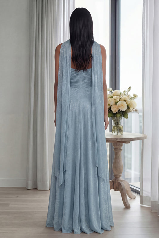 Glitter Sky Blue A Line Sweetheart Neck Scarf Long Formal Dress