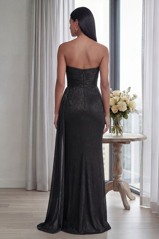 Black Sweetheart Mermaid Ruched Long Formal Dress with Streamer
