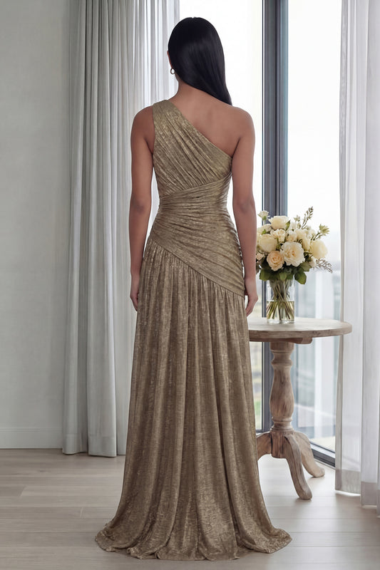 Gold A Line One Shoulder Pleated Long Formal Dress with Slit