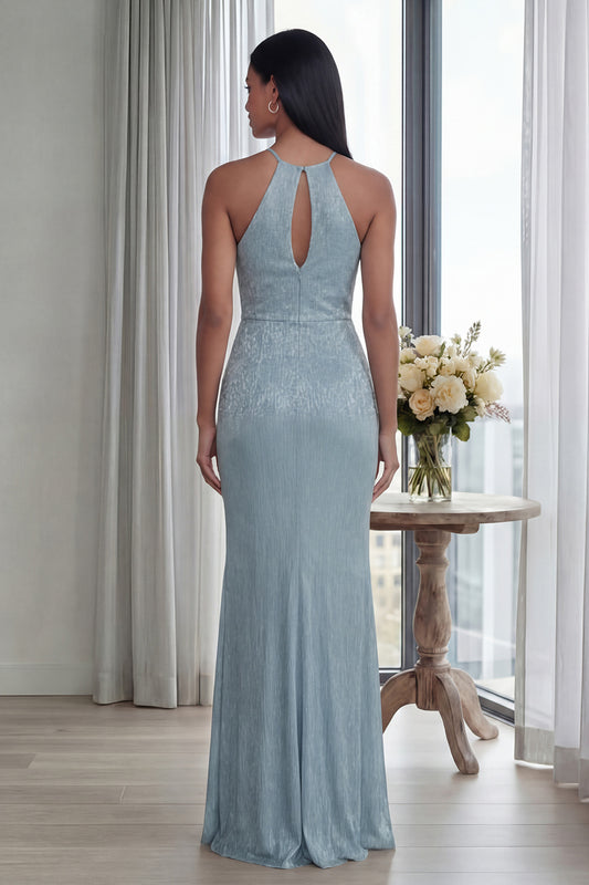 Glitter Sky Blue Keyhole Halter Mermaid Long Formal Dress