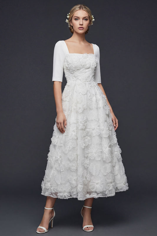 Sparkly White Beaded Maxi Floral A Line Half Sleeves Boho Wedding Dress