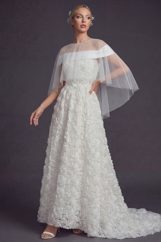 White Sweep Train A Line Floral Boho Wedding Dress with Cape
