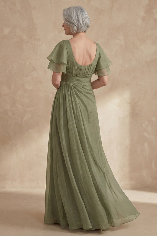 A Line Long Dusty Sage Boat Neck Mother of the Bride Dress with Ruffles