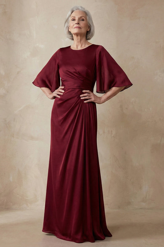 Red Sheath Round Neck Long Mother of the Bride Dress with Sleeves
