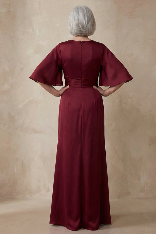 Red Sheath Round Neck Long Mother of the Bride Dress with Sleeves