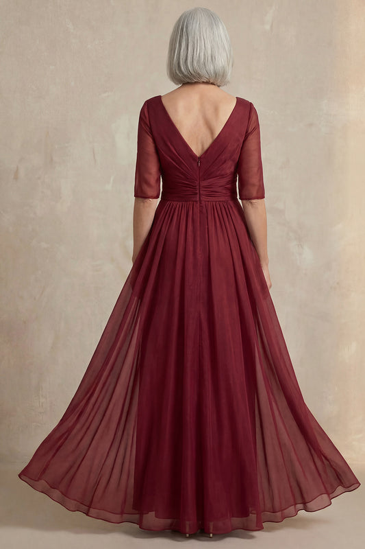 Red A Line V Neck Long Mother of the Bride Dress with Sleeves