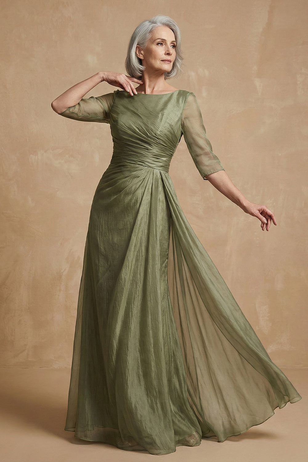Zapaka Women Dusty Sage Mother of the Bride Dress Ruched A Line Boat Neck Long Wedding Guest Dress with Half Sleeves, Dusty Sage / US16W