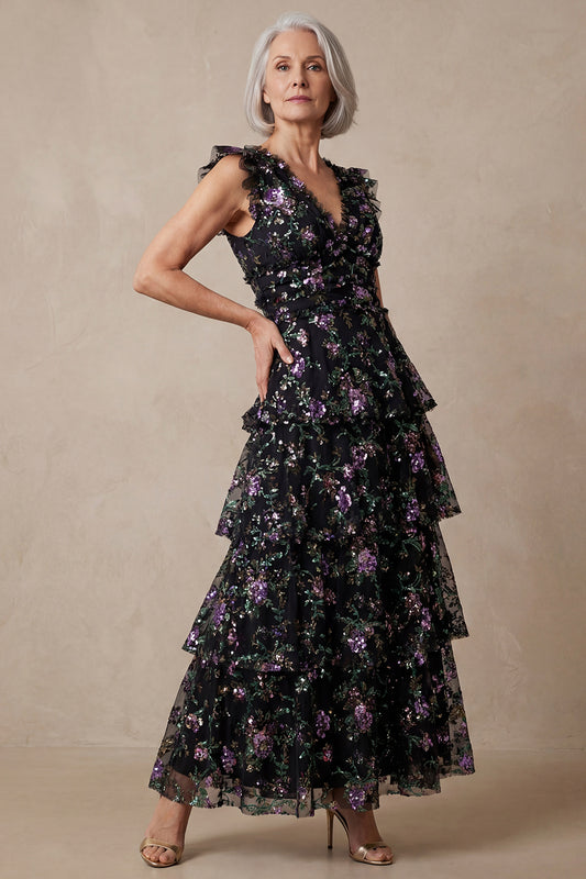 Black V Neck Floral Sparkly Sequin Tiered Long A Line Mother of the Bride Dress with Ruffles