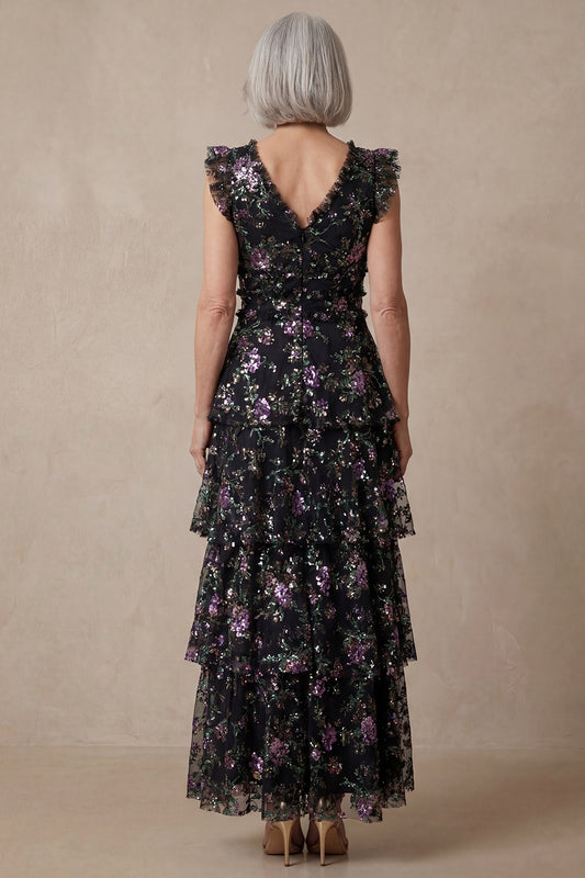 Black V Neck Floral Sparkly Sequin Tiered Long A Line Mother of the Bride Dress with Ruffles