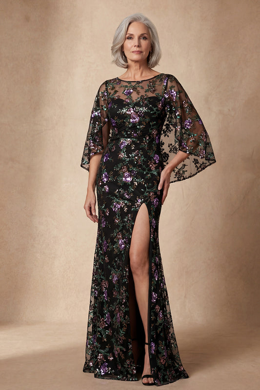Sparkly Black Sequin Mermaid Long Floral Mother of the Bride Dress with Slit