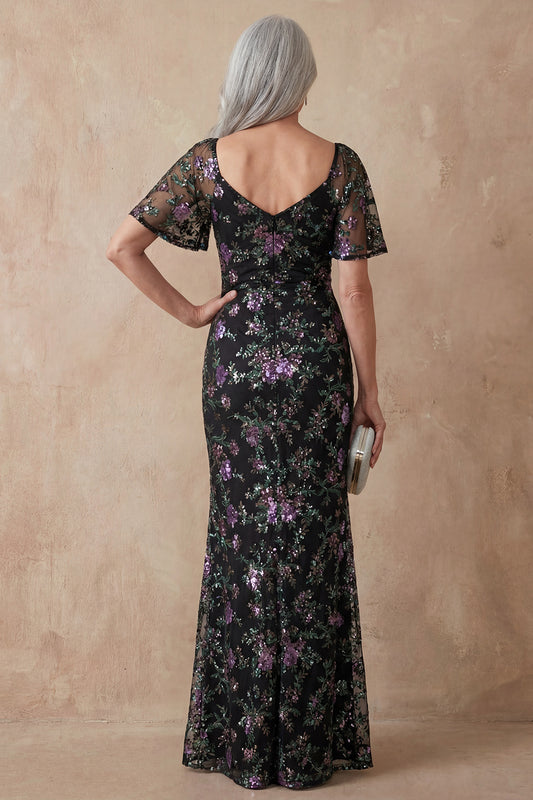 Black Floral Spakly Scoop Mermaid Long Mother of the Bride Dress