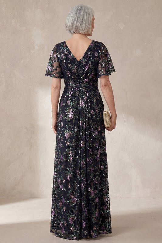 V Neck Sparkly Floral Black Long A Line Mother of the Bride Dress