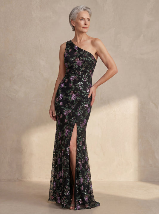 One Shoulder Sparkly Black Sequin Floral Long Mermaid Mother of the Bride Dress with Slit