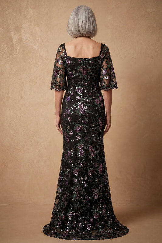 Square Neck Black Sparkly Floral Long Mermaid Mother of the Bride Dress with Sleeves