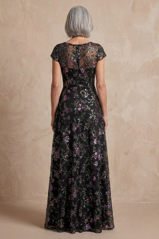 Boat Neck Long A Line Sparkly Black Long Floral Mother of the Bride Dress