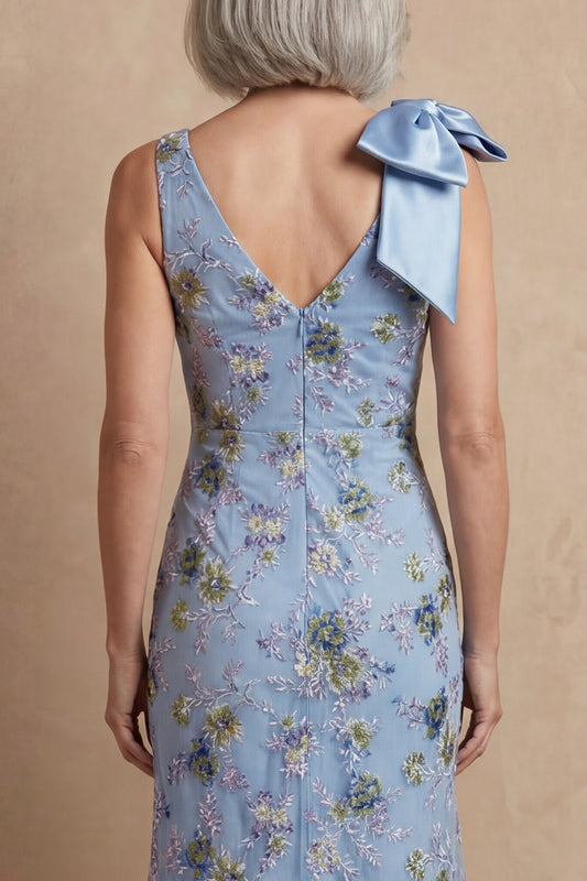 Blue Mermaid Floral Long Mermaid Mother of the Bride Dress with Bow
