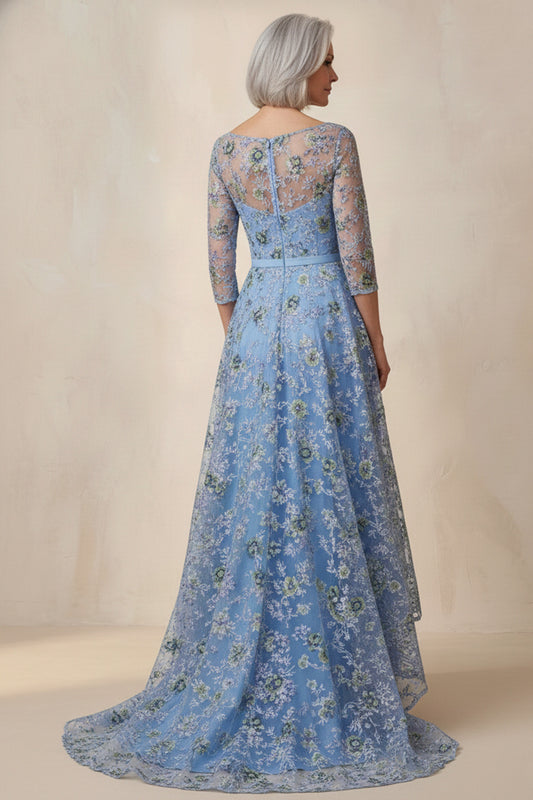 Blue Floral Boat Neck High Low A Line Mother of the Bride Dress with Sleeves