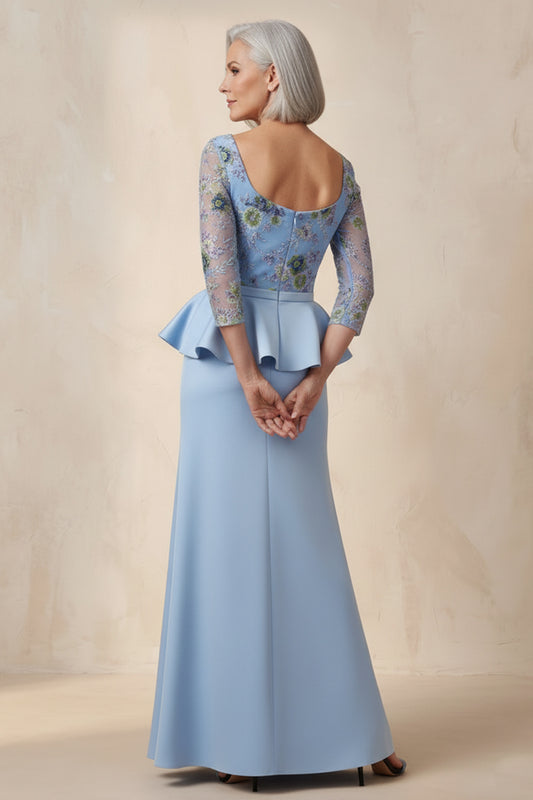 Scoop Blue Floral Mermaid Long Ruffled Mother of the Bride Dress with Sleeves