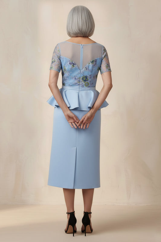 Round Neck Blue Floral Sheath Ruffled Midi Mother of the Bride Dress with Sleeves
