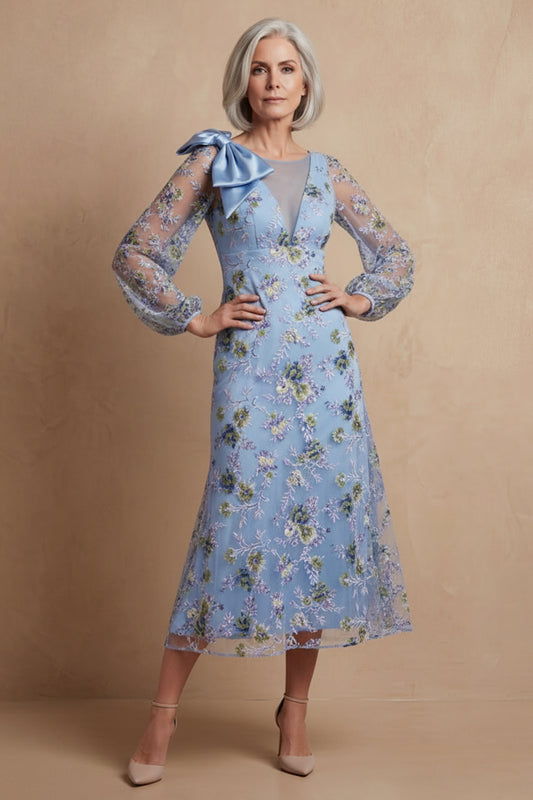 Floral A Line Blue Long Mother of the Bride Dress with Bow