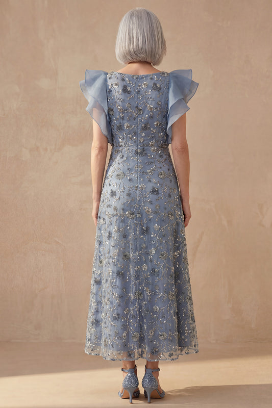 Twilight V Neck A Line Long Floral Mother of the Bride Dress with Ruffles