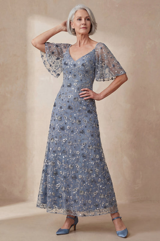 V Neck Twilight Floral A Line Long Mother of the Bride Dress