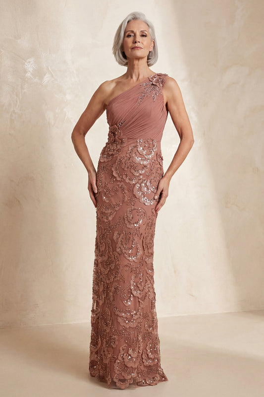Sparkly Desert Rose Long Mother Of the Bride Dress with Flowers